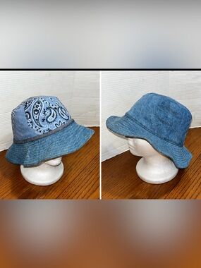 Reversible Denim Bucket Hat with Bandana Panel - Blue summer beach vacation